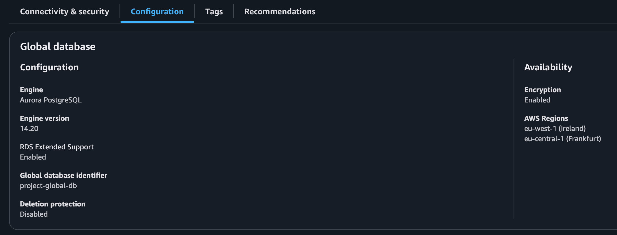 AWS console showing the configuration of an encrypted Aurora PostgreSQL Global Database across two Regions.