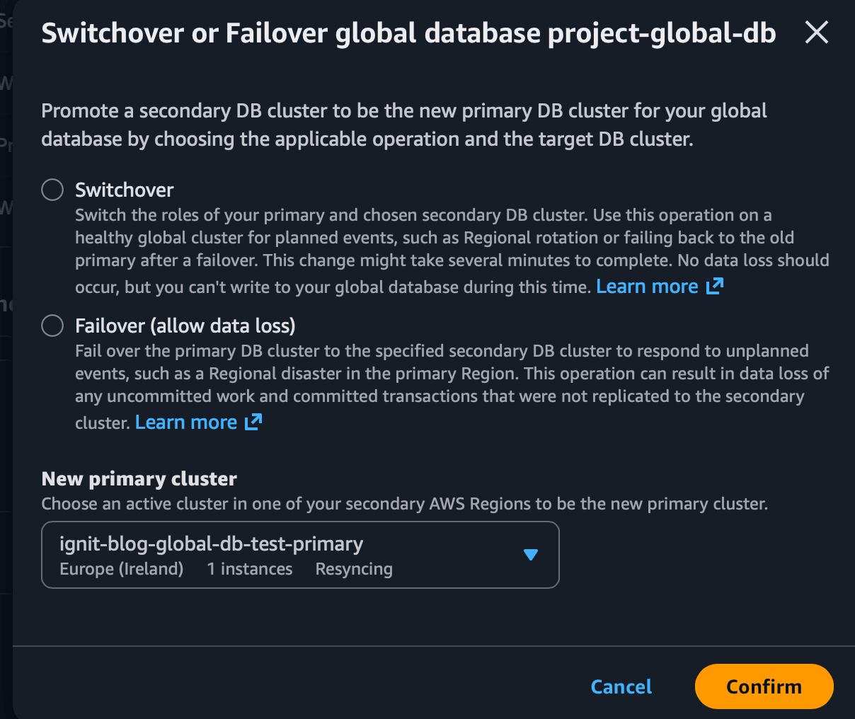 AWS console dialog offering switchover and failover options for an Aurora Global Database.