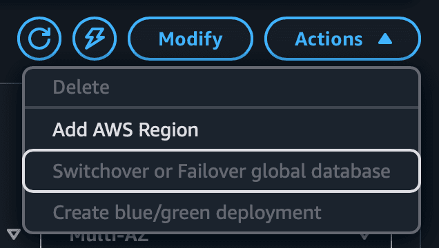 AWS console Actions menu for an Aurora Global Database with options to add a Region or initiate switchover or failover.