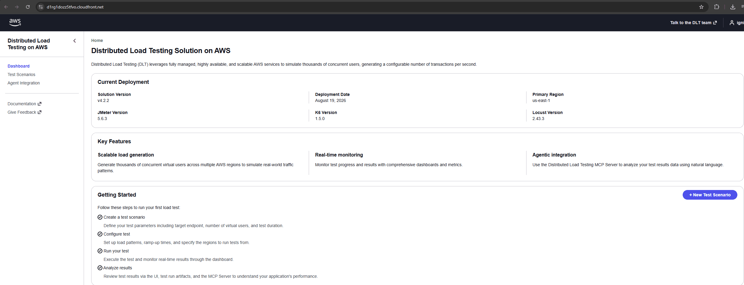 The Distributed Load Testing dashboard after signing in