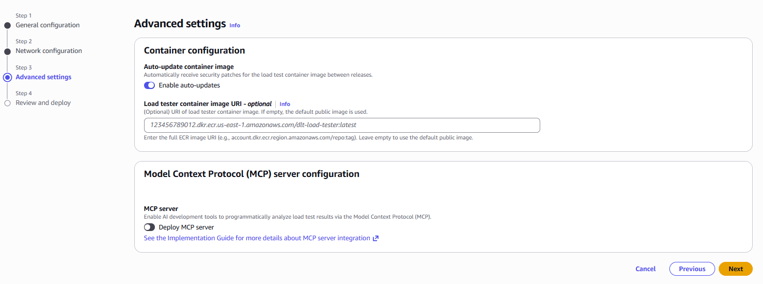 Advanced settings step showing container and MCP server options