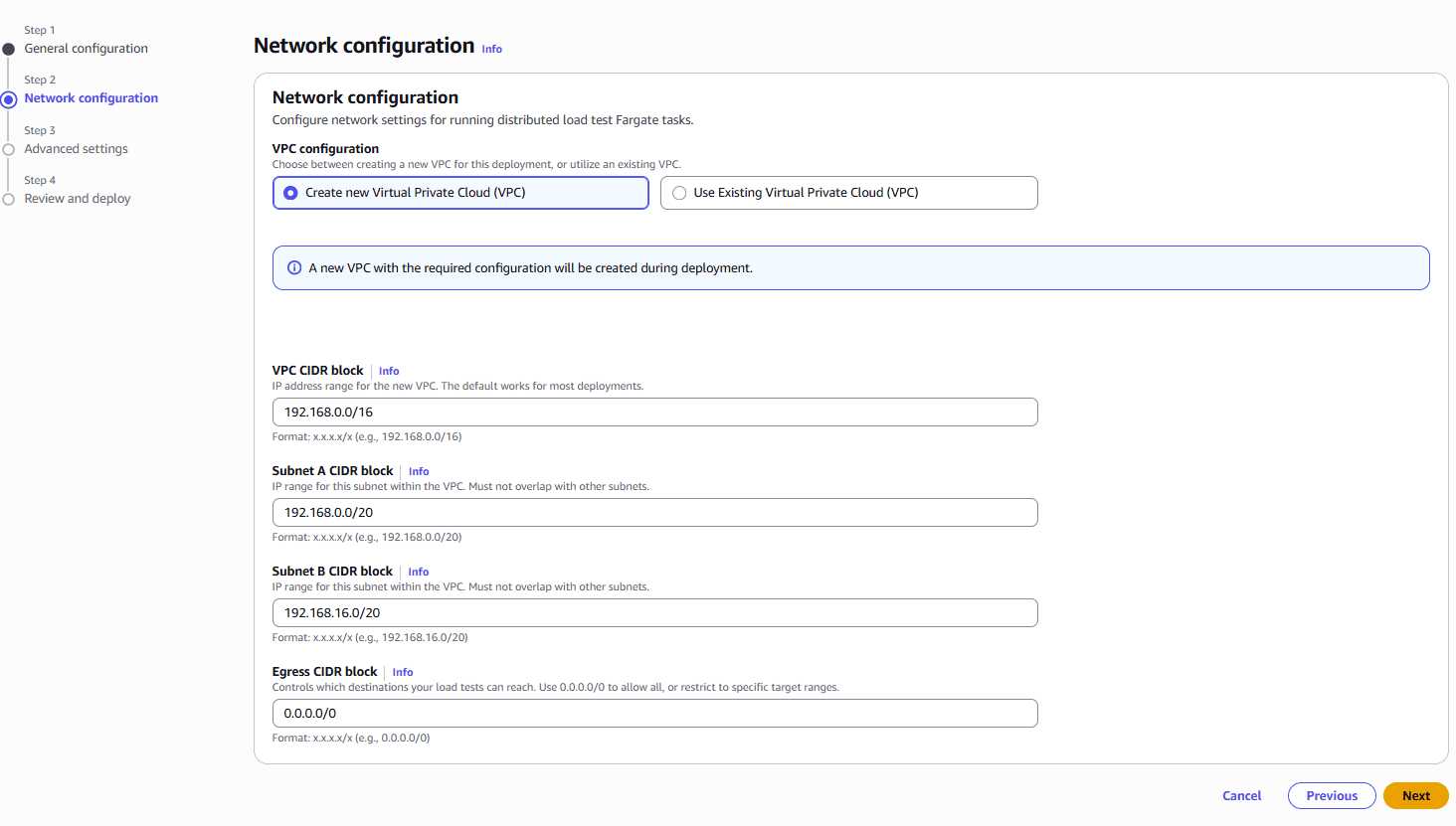 Network configuration step showing VPC and CIDR settings