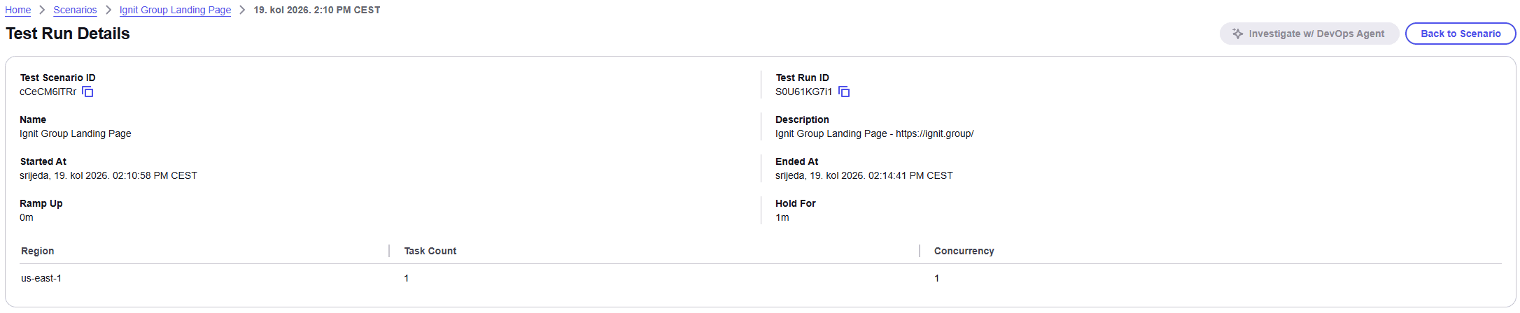 Test run details showing configuration and summary results