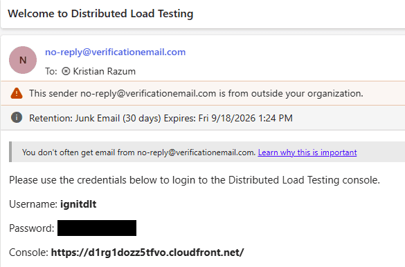 The Distributed Load Testing welcome email containing console credentials