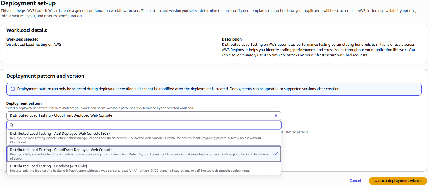 Choosing a Distributed Load Testing deployment pattern in AWS Launch Wizard