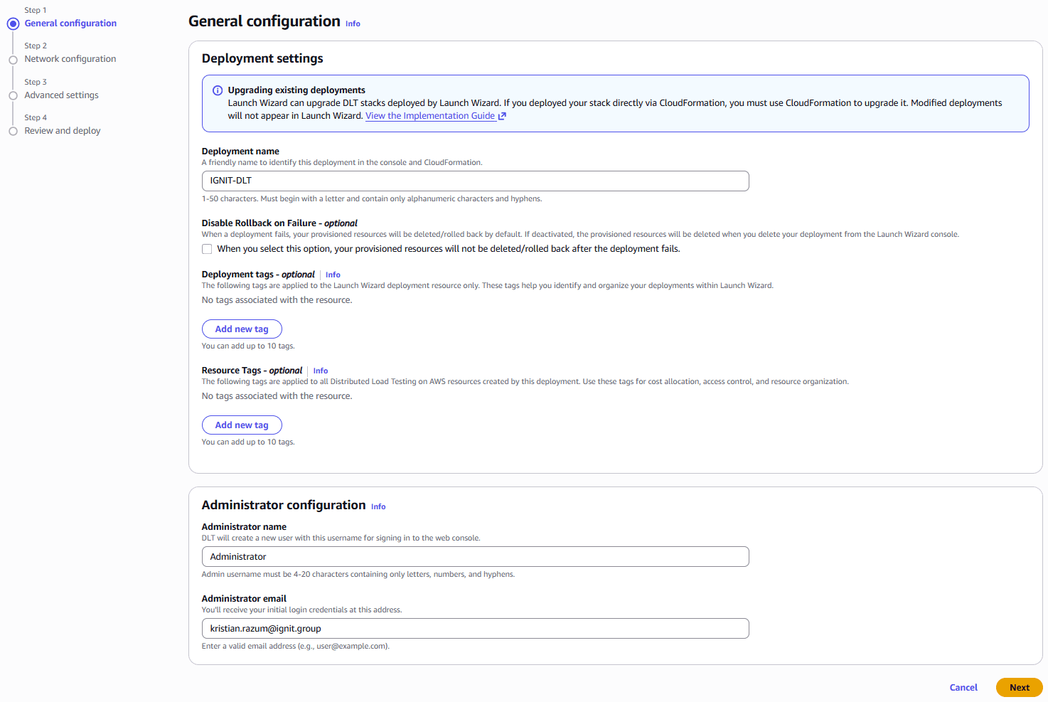 General configuration step in the Distributed Load Testing Launch Wizard