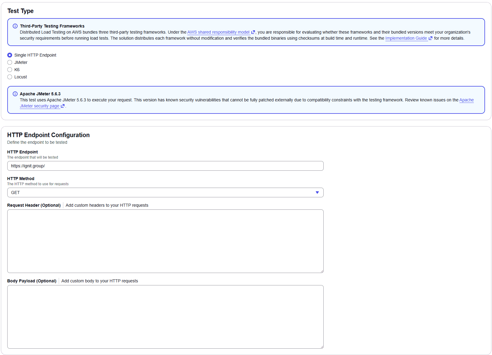 Test type selection and HTTP endpoint configuration