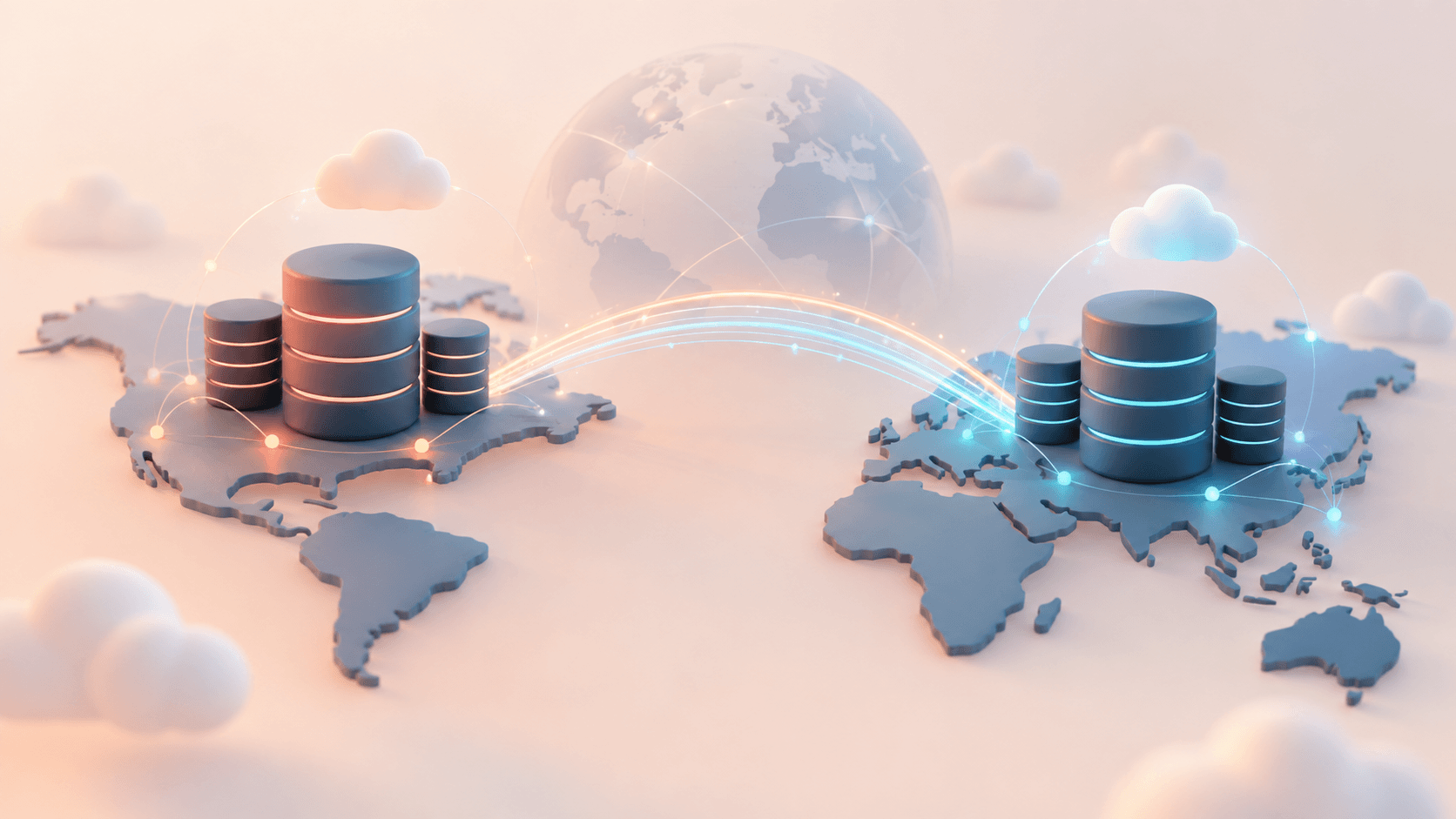 Abstract illustration of databases replicating data between two cloud regions.