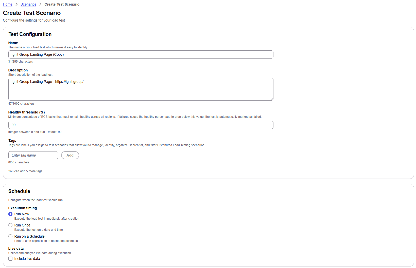The create test scenario form showing test configuration and schedule